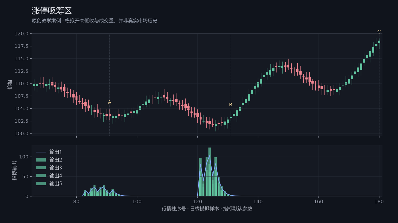 涨停吸筹区原创模拟行情图，标出甲乙丙观察位置、价格与指标输出