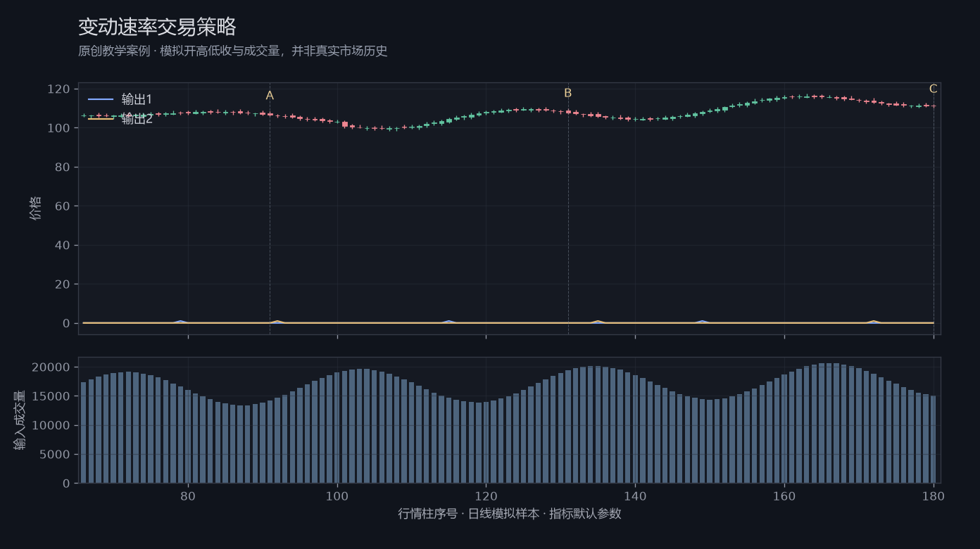变动速率交易策略原创模拟行情图,标出甲乙丙观察位置、价格与指标输出